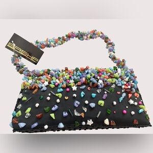 NWT Sasha Funky Multicolor Beaded Stone Chips Black Evening Bag maximalist Y2K